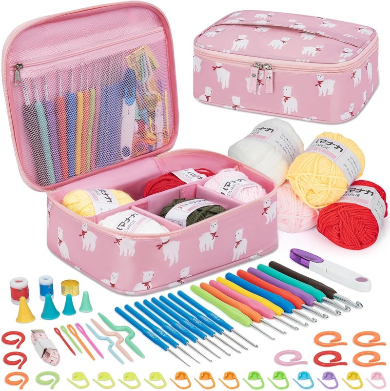 GMAK Crochet Kit for Beginners Adults, 59 PCS Crocheting Sets Include Yarn, Hooks and Tools, Portable Crochet Starter Kit for Making Variety Projects Crocheting Supplies, Pink Alpaca - Image 1